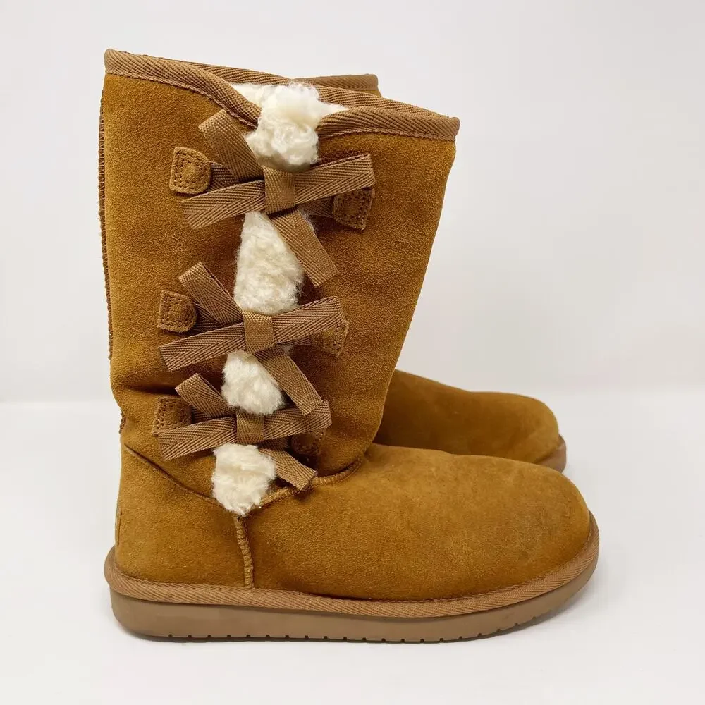 Koolaburra by UGG Suede Bow Tall Boots Tan Chestnut Victoria Womens Size 5 Cozy